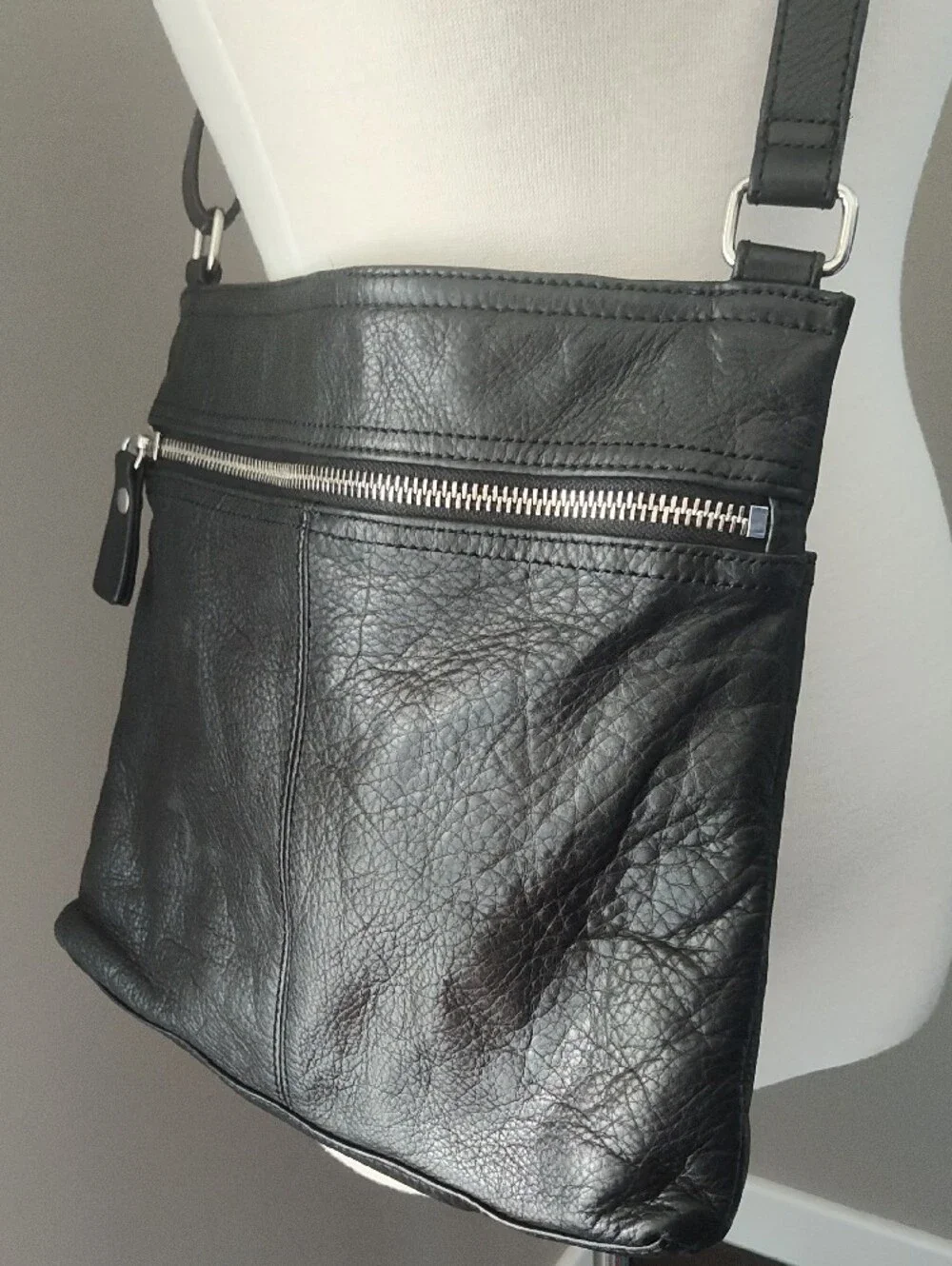Margot Rich Black Leather Messenger Crossbody Bag With Silver Accents